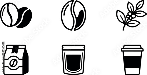 Black and white coffee bean branch package cup vector icons set