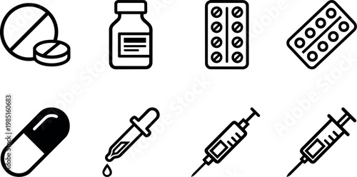 Various medical pills syringes and droppers icons