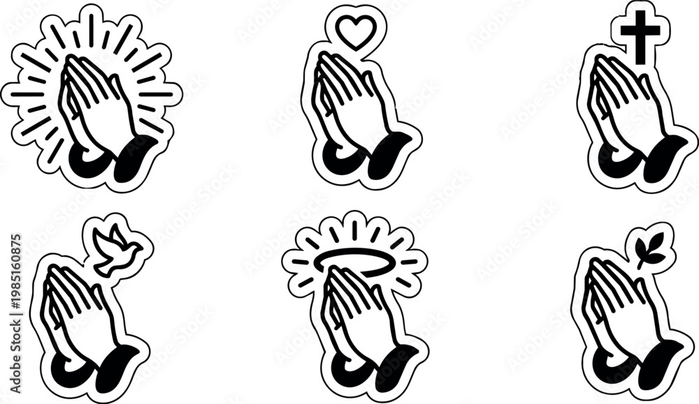 Fototapeta premium Black and white praying hands with heart cross dove halo and leaf icons