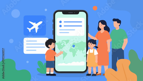 Family planning global travel with mobile app vector illustration