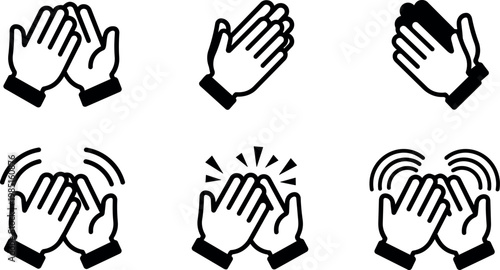 Black and white clapping hands icons with motion lines and spark shapes