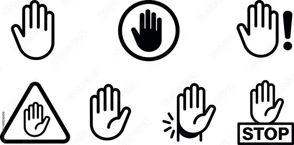 Fototapeta premium Black and white stop hand icon set with triangle and exclamation mark symbols