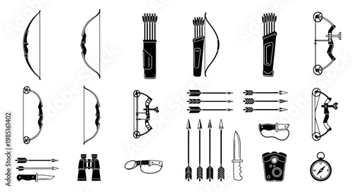 Archery Equipment Collection: Bows, Arrows, Quivers, Knives, Binoculars, Compass
