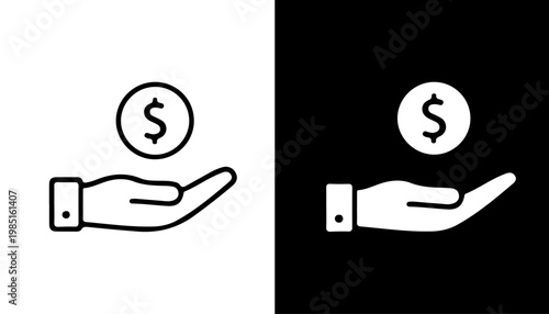 Financial Offering: A minimalist graphic depicts a hand offering a coin, set against contrasting backgrounds, symbolizing financial assistance or investment. 
