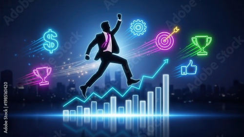 Dynamic business success concept with glowing financial and achievement icons reflecting market