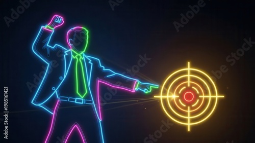 Vibrant neon business figure aiming precisely at a glowing target on a dark background
