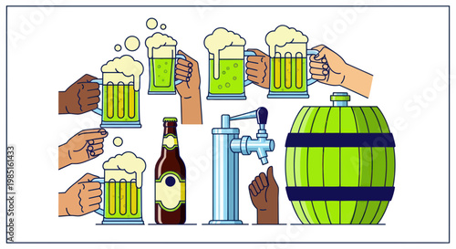 Cheers with Beer Mugs, Bottle, Tap, and Barrel