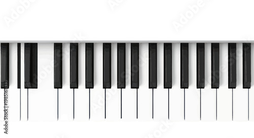 Close up of piano keys with white and black keys on a white background