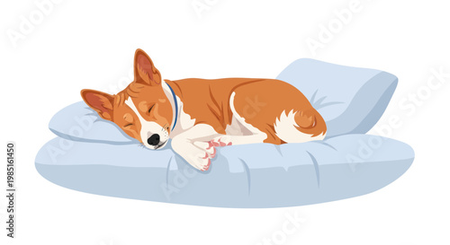 Cute Dog Sleeping Soundly on Blue Pillows, Adorable Pet Relaxation
