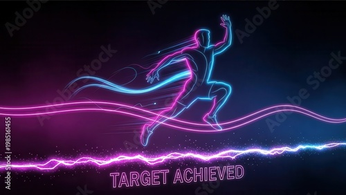 Vibrant neon runner silhouette reaching success with dynamic light trails and glowing energy on a