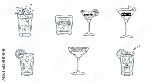 Hand-drawn Cocktail Collection: Variety of Alcoholic Drinks and Glasses