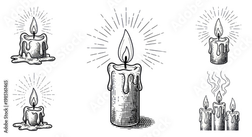 Hand-drawn candle illustrations: lit, burning, dripping wax, light rays, smoke