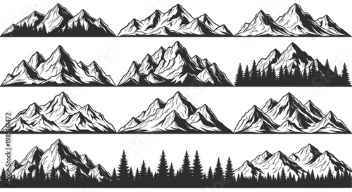 Mountain Range Silhouette Collection: Peaks and Forests Vector Set