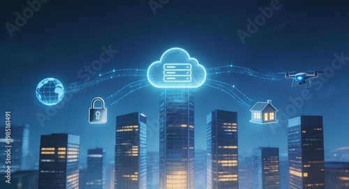 Smart city illustration with cloud computing, IoT, security locks, drones, and connected buildings. Represents urban tech integration, digital transformation, and modern architecture.