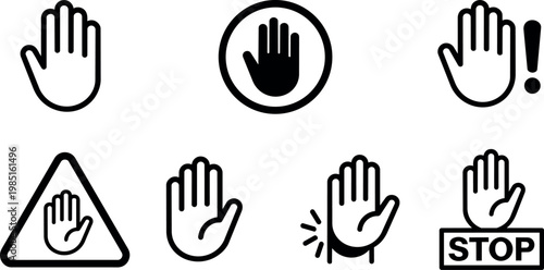 Black and white stop hand icon set with triangle and exclamation mark symbols