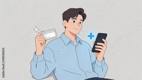 Illustrated man uses smartphone for digital payment, holding credit card. Represents modern technology, finance, and online transactions.