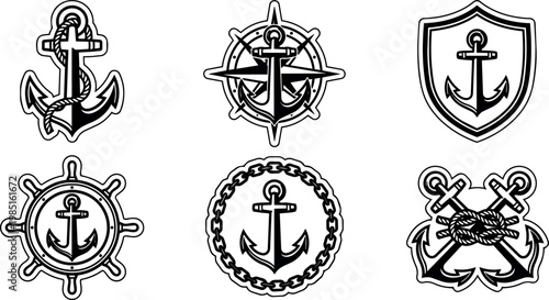 Black and white anchor icons with rope chain wheel and shield vector art