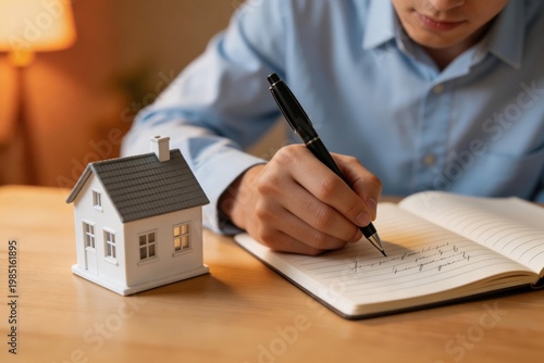 A man in a blue shirt writes in a notebook on a wooden desk with a miniature house, suggesting home-related planning or business activities like real estate investment.