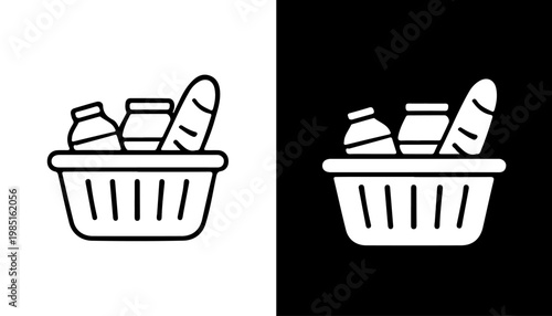 Grocery Basket Essentials: A simple and elegant depiction of a grocery basket, filled with essential food items. Perfect for illustrating themes of shopping, groceries, and daily life.