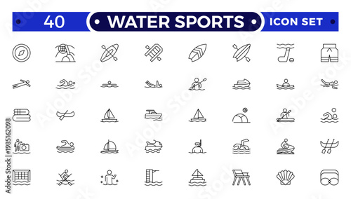 Water sports and Aquatic Sport Outline Icon Set. A Professional Vector Set Featuring Competitive Training Equipment, Lifeguard Safety, Fitness Activities, and Professional Swim Gear Symbols.