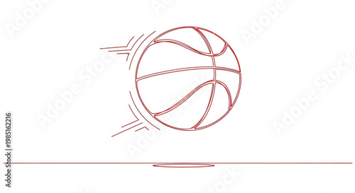 Continuous single line drawing of a flying basketball bouncing off the ground.
