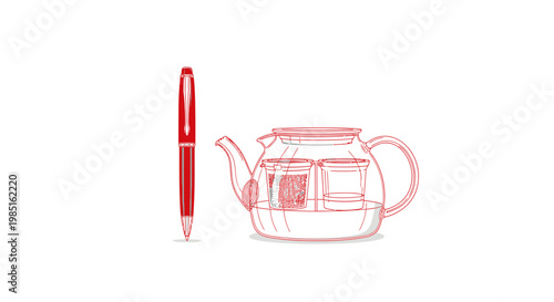 Red pen next to a glass teapot with infusers on white background