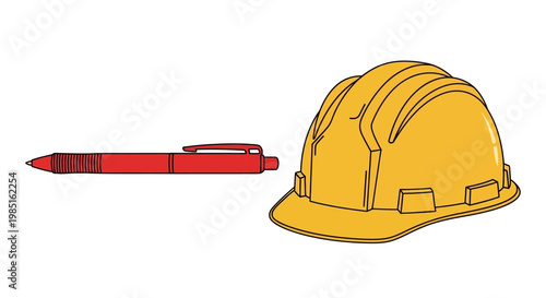 Red pen next to a yellow hard hat