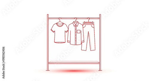Red line drawing of a clothing rack with shirt and pants