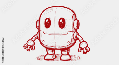Cute robot character hand-drawn in red pencil on a white background.