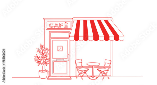 Minimalist cafe storefront with red awning and outdoor seating.