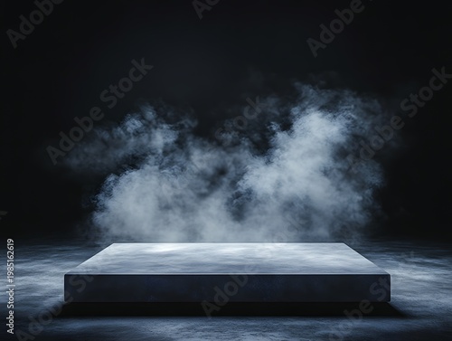 Stone podium sits centered against a dark background filled with swirling mist and ethereal light.