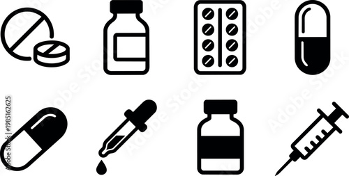 Black and white medical pill bottle syringe capsule tablet icons set