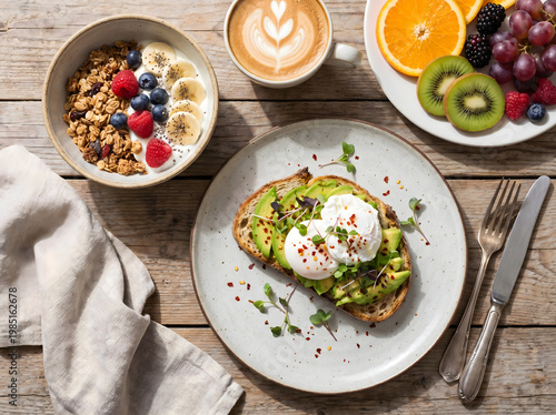 Healthy flat-lay breakfast with granola berries yogurt and juice on white wood
