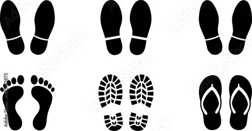 Black and white footprint and shoe sole silhouettes set of six vectors