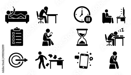 Procrastination Icon Set Productivity Delay Distraction Time Management Silhouettes