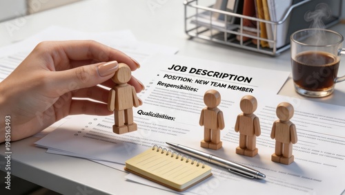 Hand holding wooden figure over job description for new team member, with office desk items like coffee, notebook, pen, and additional figures. Illustrates recruitment and workplace planning.