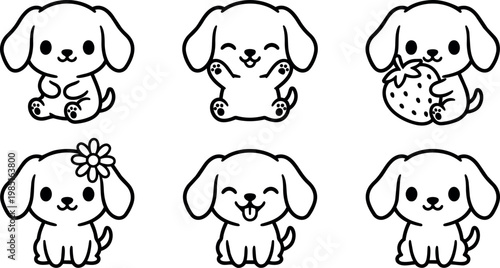 Black and white line art six cute puppies with strawberry flower and playful expressions