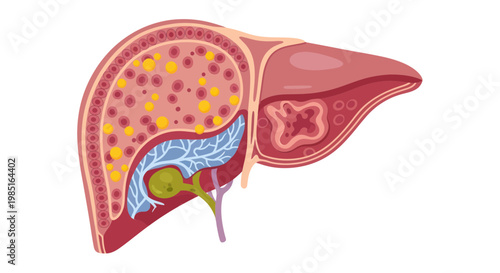 Human Liver Cross-Section Illustration: Fatty Liver Disease and Gallbladder Anatomy