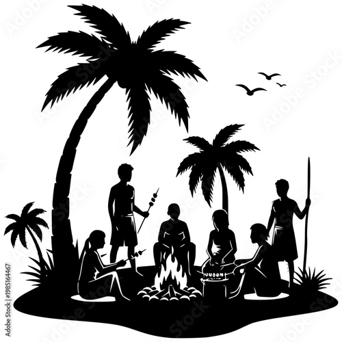 Tropical Campfire Silhouette: A captivating black silhouette scene of a group of people gathered around a crackling campfire on a tropical island under the shade of palm trees.