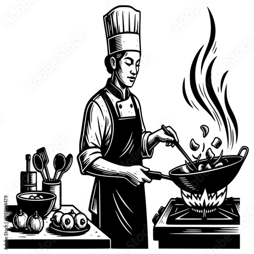 Chef's Culinary Creation: A skilled chef meticulously prepares a delectable dish in a professional kitchen, showcasing the art of cooking with precision and passion.