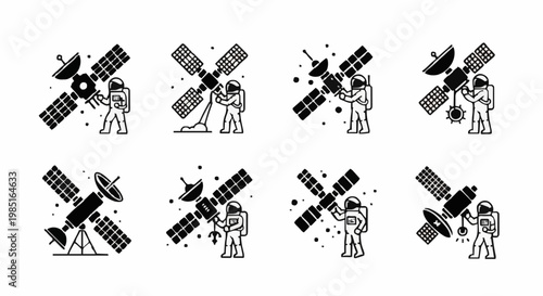 Astronaut interacts with satellite in space illustrations