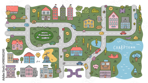 Kids City Map Doodle Carpet Print Little Town Road Vector Illustration