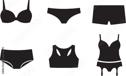 Underwear silhouette set black vector bra panties boxers briefs sports bra lingerie isolated