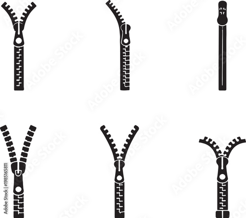 Zipper silhouette set black vector collection front side hidden metal plastic double zipper isolated