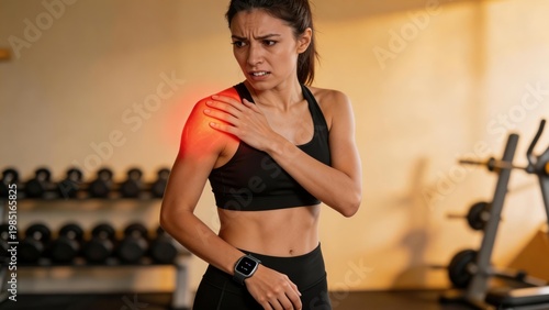 Young woman in sports attire shows shoulder pain while working out in a gym. Highlights fitness injury and health concerns during exercise.
