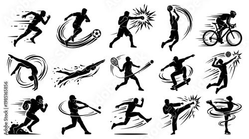 Black  White Silhouettes of Diverse Sports Athletes in Action