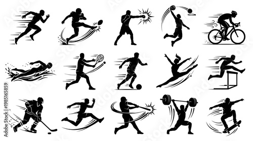 Black and White Silhouettes of Various Sports and Athletes