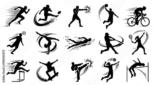 Sports and Athletics Icons Set - Black  White Silhouette Glyphs of Diverse Athletes