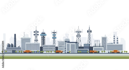 Industrial Cityscape with Communication Towers and Factories.