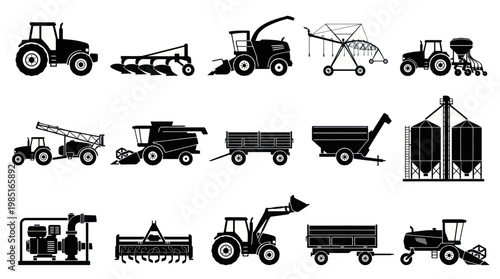 Black and White Icons of Agricultural Machinery and Farming Equipment
